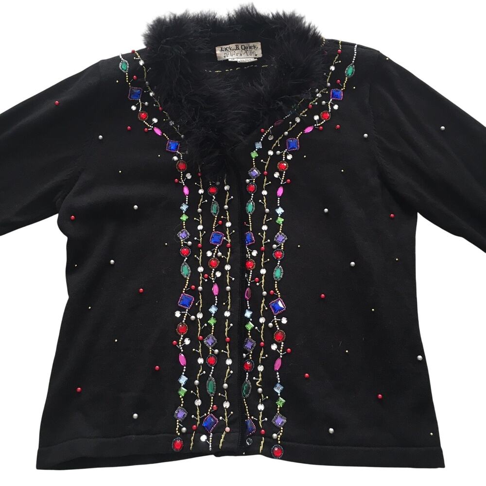 Black Cardigan Sweater Jack B Quick Vintage Feather Boa Collar Trim Beaded Sz M